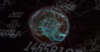 Arka planda dönen parlayan insan beyni üzerinde değişen sayıların animasyonu. Dijital arayüz küresel bağlantı ve dijital olarak oluşturulan iletişim konsepti.