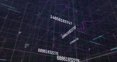 Arka plandaki ızgara üzerinde değişen sayıların canlandırması. Dijital arayüz küresel bağlantı ve dijital olarak oluşturulan iletişim konsepti.