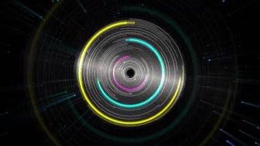 Siyah arka planda mavi ışıkları olan dönen spiral çizgilerin animasyonu. İletişim, renk ve hareket konsepti, dijital olarak oluşturulmuş video