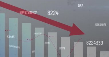 Kırmızı okun üzerinde işlem yapan numaraların animasyonu ve arka planda istatistikler. Dijital arayüz küresel bağlantı ve dijital olarak oluşturulan iletişim konsepti.
