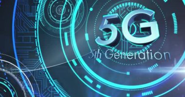 Kapsam taramasında 5g 5. nesil metnin animasyonu. Dijital arayüz küresel bağlantı ve dijital olarak oluşturulan iletişim konsepti.