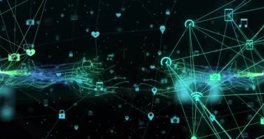 Siyah arkaplanda parlayan yeşil bağlantı ağının ve medya simgelerinin canlandırılması. iletişim teknolojisi ve medya paylaşım konsepti, dijital olarak oluşturulmuş video.
