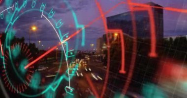 Arka planda şehir manzarası ve ızgara üzerindeki tarama alanının animasyonu. Dijital arayüz küresel bağlantı ve dijital olarak oluşturulan iletişim konsepti.