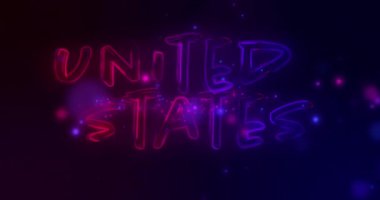 Arkaplanda parlayan kırmızı ve mavi noktaların üzerine parlayan neon yazıların animasyonu. Vatanseverlik, renk ve hareket kavramı dijital olarak oluşturulmuş görüntü.