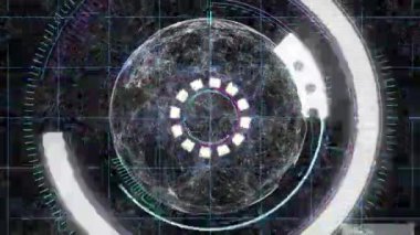 Arkaplandaki ağ bağlantılarının kapsam taraması ve küresinin animasyonu. Dijital arayüz küresel bağlantı ve dijital olarak oluşturulan iletişim konsepti.