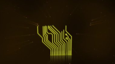Kozmos arka planında parlayan sarı baskılı devrenin animasyonu. Enerji, teknoloji ve iletişim konsepti, dijital olarak üretilen video.