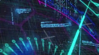 Kapsamlı tarama ve kara arkaplanda veri işleme animasyonu. dijital arayüz küresel bağlantı ve dijital olarak oluşturulan iletişim konsepti.