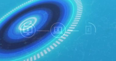 Mavi dürbün taraması ve dijital simgelerin animasyonu. Dijital arayüz küresel bağlantı ve dijital olarak oluşturulan iletişim konsepti.