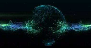 Siyah arkaplanda parlayan enerji akımlarıyla parıldayan noktaların olduğu bir kürenin animasyonu. iletişim teknolojisi ve küresel bilgi paylaşım konsepti, dijital olarak oluşturulmuş video.