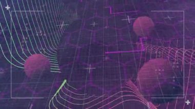 Mor kürelerin animasyonu ve mor arkaplanda altıgen ağındaki beyaz işaretler. Dijital arayüz küresel bağlantı ve dijital olarak oluşturulan iletişim konsepti.