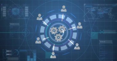 Kapsam taraması animasyonu, dijital simgeler ve arka planda dünya haritası olan veri işleme. Dijital arayüz küresel bağlantı ve dijital olarak oluşturulan iletişim konsepti.