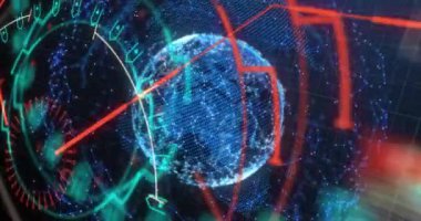 Arkaplanda şebeke bağlantıları olan kapsam taraması ve yerkürenin animasyonu. Dijital arayüz küresel bağlantı ve dijital olarak oluşturulan iletişim konsepti.