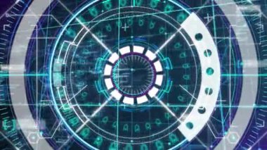 Arka plandaki şebeke üzerinde tarama ve veri işleme alanının animasyonu. Dijital arayüz küresel bağlantı ve dijital olarak oluşturulan iletişim konsepti.