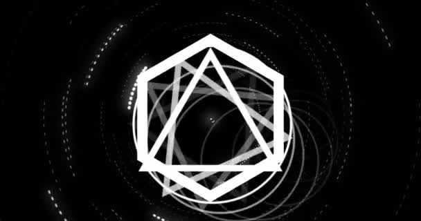 Анимация Вращающихся Белых Колец Треугольников Шестиугольников Черном Фоне Геометрия Движение — стоковое видео
