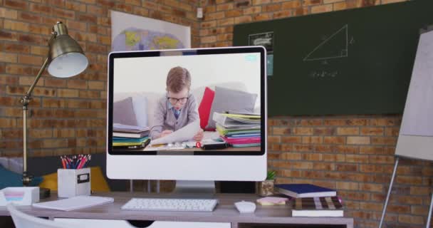 Caucasian Schoolboy Learning Displayed Computer Screen Video Call Online Education — Stock Video