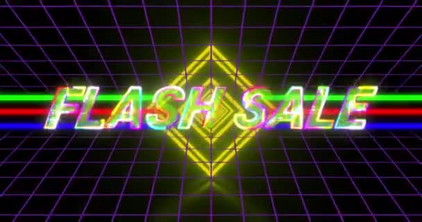 Animation Flash Sale Text Yellow Letters Glowing Yellow Neon Diamond — Stock Video