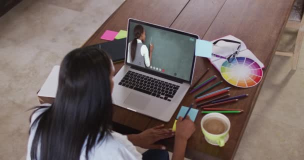 Estudiante Caucásica Usando Laptop Videollamada Con Maestra Tomando Notas Educación — Vídeo de stock