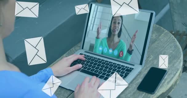 Animation Digital Envelope Mail Icons Woman Using Laptop Video Call — Stock Video