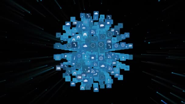 在黑色背景上旋转的介质图标的蓝色3D像素球面的动画 技术连接和信息中心概念 数字生成视频 — 图库视频影像