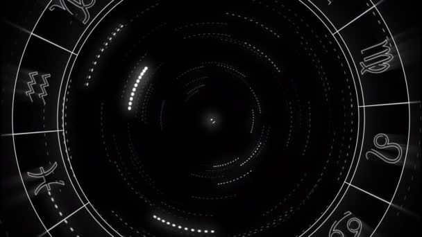 宇宙背景に星印記号で回転する天体ホイールのアニメーション 占星術 時間と動きの概念 デジタルで生成されたビデオ — ストック動画
