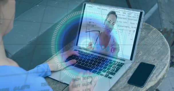 Animation Scope Scanning Data Processing Woman Using Laptop Video Call — Stock Video