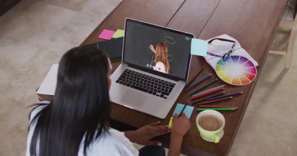 Estudiante Caucásica Usando Laptop Videollamada Con Maestra Tomando Notas Educación — Vídeos de Stock