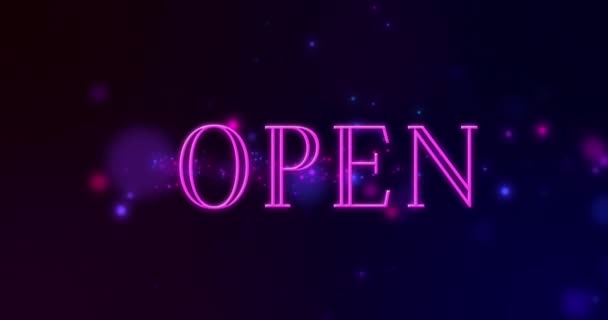 Animation Word Open Pink Neon Letters Moving Red Blue Lights — Stock Video