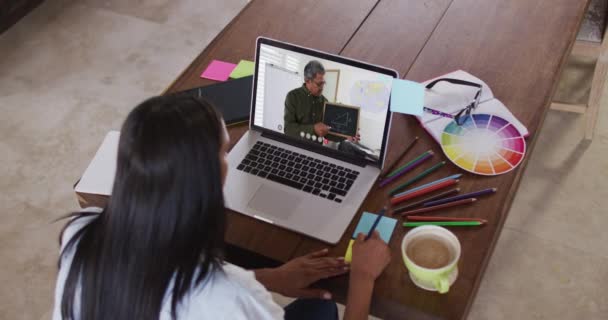 白种人女学生使用笔记本电脑与男教师进行视频通话 做笔记 在隔离隔离期间 在线教育在家中自我隔离 — 图库视频影像