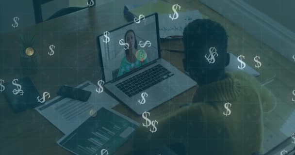 Animation American Dollar Bitcoin Symbols Woman Using Laptop Video Call — Stock Video