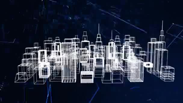 Animasi Jaringan Koneksi Biru Menyala Bergerak Melalui Rencana Kota Futuristik — Stok Video