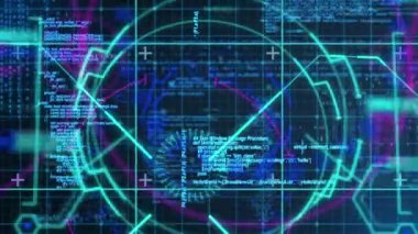Arka plandaki şebeke üzerinde tarama ve veri işleme alanının animasyonu. Dijital arayüz küresel bağlantı ve dijital olarak oluşturulan iletişim konsepti.