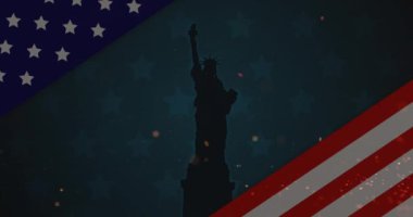 Amerikan bayrağının animasyonu özgürlük heykelini ve parlayan küçük parçacıkları gözler önüne seriyor. Vatanseverlik kavramı dijital olarak oluşturulmuş video.