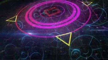 Neon yuvarlak tarayıcının dijital animasyonu mavi arkaplanda birden fazla soyut şekille karşılaşıyor. bilgisayar arayüzü teknolojisi kavramı