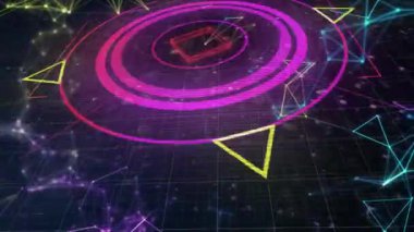 Kapsam taraması animasyonu ve arka plandaki ızgaradaki bağlantı ağları. Dijital arayüz küresel bağlantı ve dijital olarak oluşturulan iletişim konsepti.