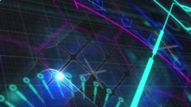Arka plandaki mavi parlayan karelerin üzerinde tarama ve veri işleme alanlarının animasyonu. Dijital arayüz küresel bağlantı ve dijital olarak oluşturulan iletişim konsepti.