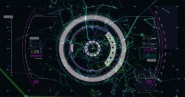 Kapsamlı tarama ve kara arkaplanda veri işleme animasyonu. dijital arayüz küresel bağlantı ve dijital olarak oluşturulan iletişim konsepti.