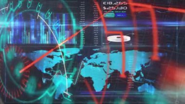 Arkaplanda dünya haritası olan tarama ve veri işleme animasyonu. Dijital arayüz küresel bağlantı ve dijital olarak oluşturulan iletişim konsepti.