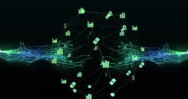 Siyah zemin üzerinde parlayan enerji akımları olan yeşil bağlantı ağının ve simgelerin animasyonu. İletişim teknolojisi ve medya paylaşım konsepti, dijital olarak oluşturulmuş video.