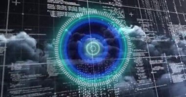 Arkaplanda bulut ve ızgara üzerinde tarama ve veri işleme alanının animasyonu. Dijital arayüz küresel bağlantı ve dijital olarak oluşturulan iletişim konsepti.