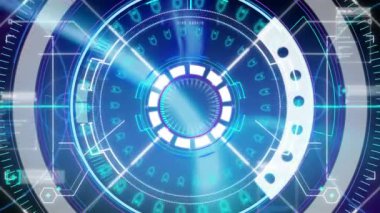 Mavi yuvarlak tarayıcının dijital animasyonu ve mavi arka planda dijital arayüz. bilgisayar arayüzü teknolojisi kavramı