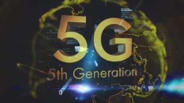 5g 5. Nesil metin ve veri işleme animasyonu arka planda. Dijital arayüz küresel bağlantı ve dijital olarak oluşturulan iletişim konsepti.