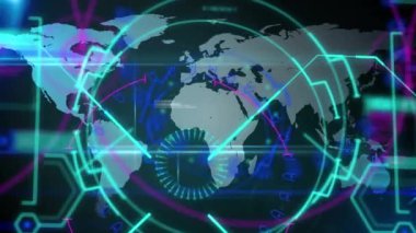 Mavi arkaplandaki dünya haritasıyla veri işleme cihazının dijital animasyonu. küresel ağ ve bilgisayar arayüzü teknolojisi kavramı