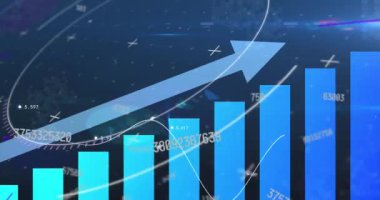 Mavi zemin üzerinde istatistiksel veri işleme üzerinden çoklu değişen sayıların dijital animasyonu. küresel finans ve bilgisayar arayüzü kavramı