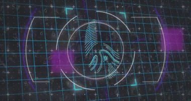 Kapsam taraması animasyonu ve siyah arkaplanda biyometrik parmak izi veri işlemesi. Dijital arayüz küresel bağlantı ve dijital olarak oluşturulan iletişim konsepti.