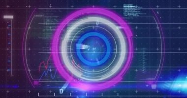 Neon yuvarlak tarayıcının dijital animasyonu ve finansal veri işlemesine karşı veri işleme. küresel finans ve bilgisayar arayüzü teknolojisi kavramı