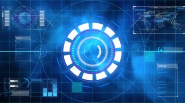 Arkaplanda dünya haritası olan tarama ve veri işleme animasyonu. Dijital arayüz küresel bağlantı ve dijital olarak oluşturulan iletişim konsepti.