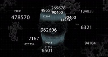 Siyah arka plandaki insan yüzü modeline karşı birden fazla değişen sayının dijital animasyonu. dijital arayüz ve tıbbi araştırma teknolojisi kavramı