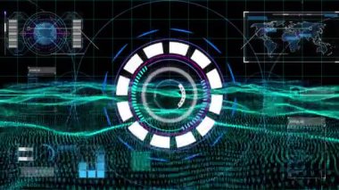 Yuvarlak neon tarayıcı dijital arayüzün üzerindeki dijital dalgaya karşı veri işleme. bilgisayar arayüzü teknolojisi kavramı