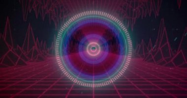 Pembe parlayan harita ve siyah arka plandaki ızgara üzerindeki taramaların animasyonu. Dijital arayüz küresel bağlantı ve dijital olarak oluşturulan iletişim konsepti.