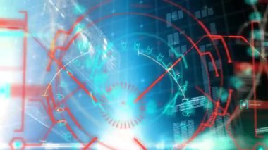Arkaplanda tarama ve veri işlemesinin animasyonu. Dijital arayüz küresel bağlantı ve dijital olarak oluşturulan iletişim konsepti.